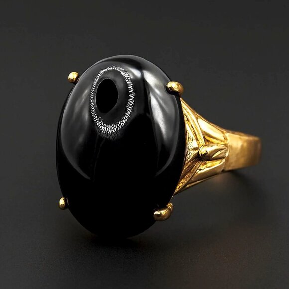 Vintage Black Onyx Cabochon Ring 18K Yellow Gold Electroplate Designer Signed - Picture 10 of 10